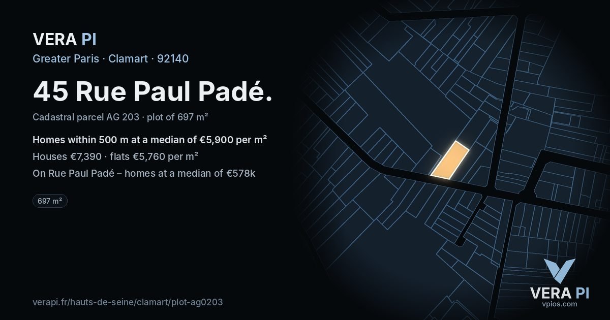 45 Rue Paul Padé, Clamart at night – the plot lit, the parcels around coloured by the prices near them