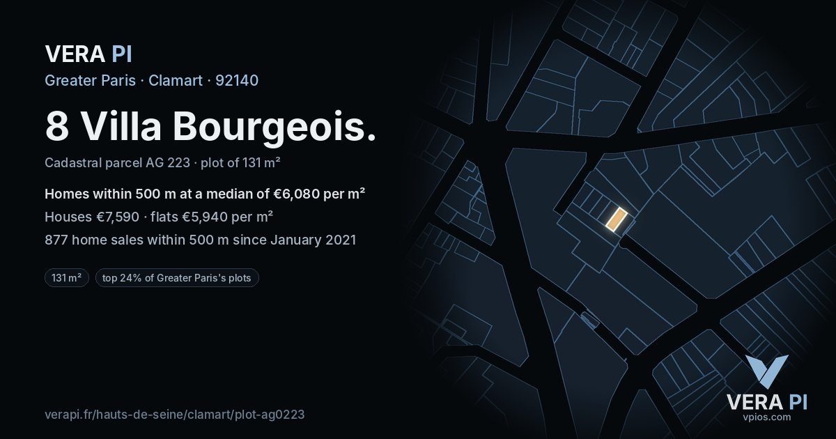 8 Villa Bourgeois, Clamart at night – the plot lit, the parcels around coloured by the prices near them