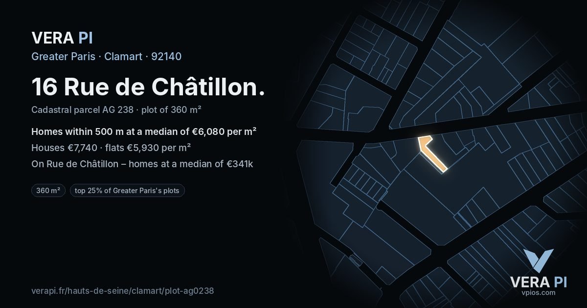 16 Rue de Châtillon, Clamart at night – the plot lit, the parcels around coloured by the prices near them