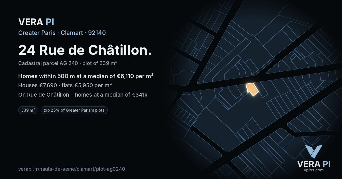 24 Rue de Châtillon, Clamart at night – the plot lit, the parcels around coloured by the prices near them