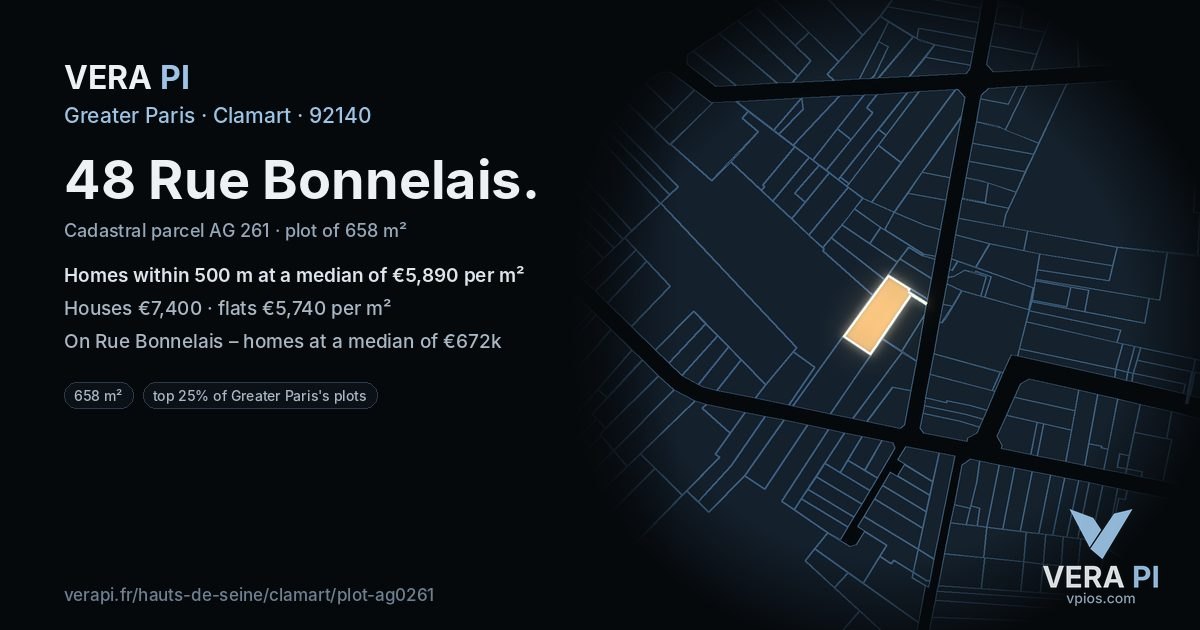 48 Rue Bonnelais, Clamart at night – the plot lit, the parcels around coloured by the prices near them