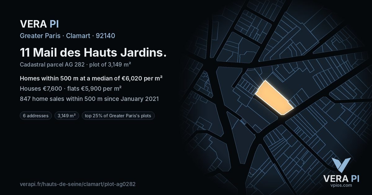 11 Mail des Hauts Jardins, Clamart at night – the plot lit, the parcels around coloured by the prices near them