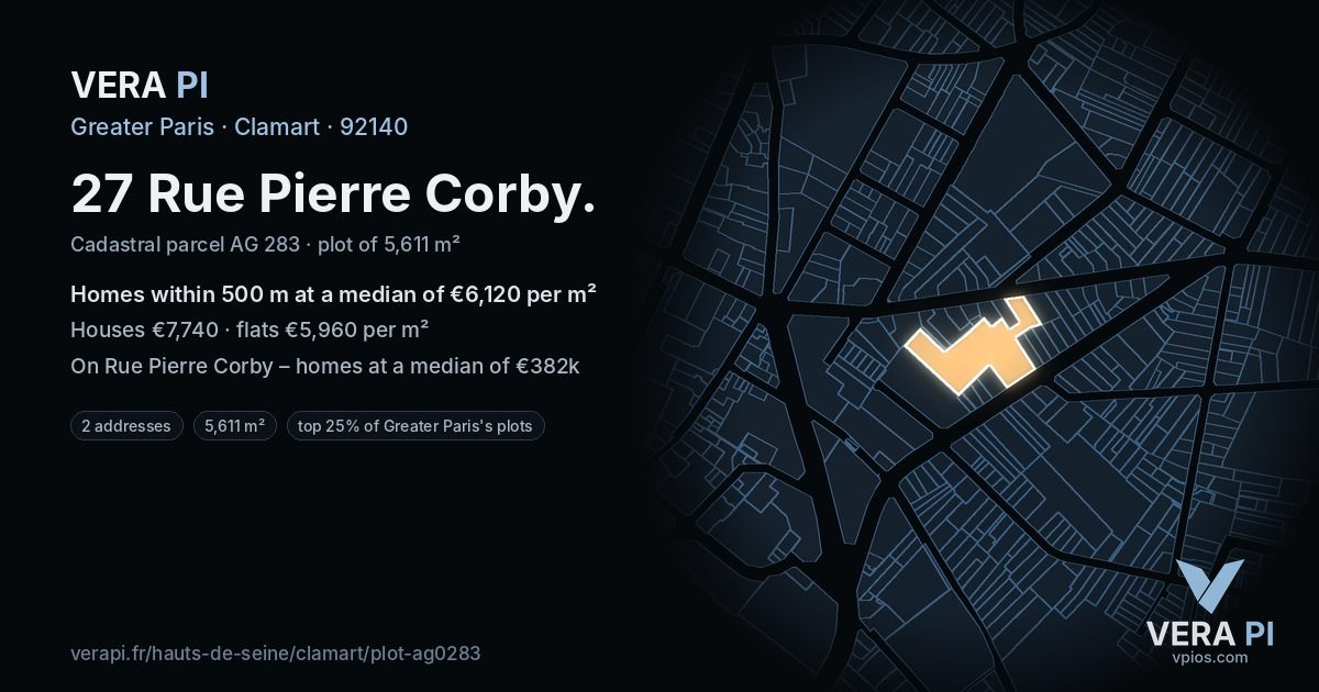 27 Rue Pierre Corby, Clamart at night – the plot lit, the parcels around coloured by the prices near them