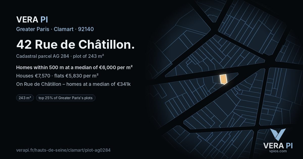 42 Rue de Châtillon, Clamart at night – the plot lit, the parcels around coloured by the prices near them
