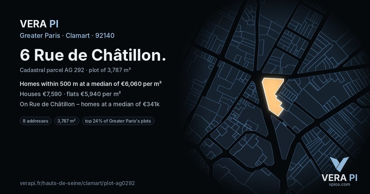 6 Rue de Châtillon, Clamart at night – the plot lit, the parcels around coloured by the prices near them