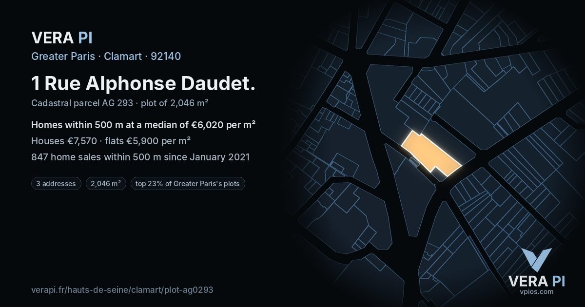 1 Rue Alphonse Daudet, Clamart at night – the plot lit, the parcels around coloured by the prices near them