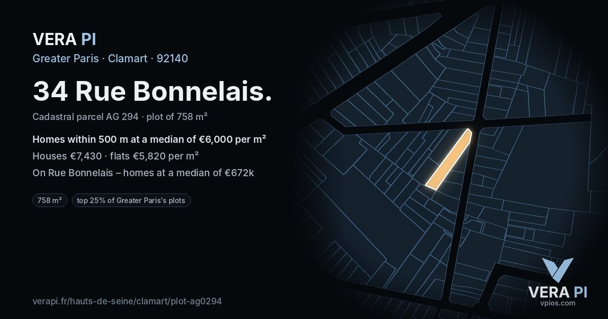 34 Rue Bonnelais, Clamart at night – the plot lit, the parcels around coloured by the prices near them