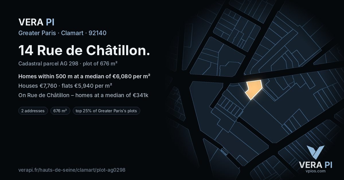 14 Rue de Châtillon, Clamart at night – the plot lit, the parcels around coloured by the prices near them