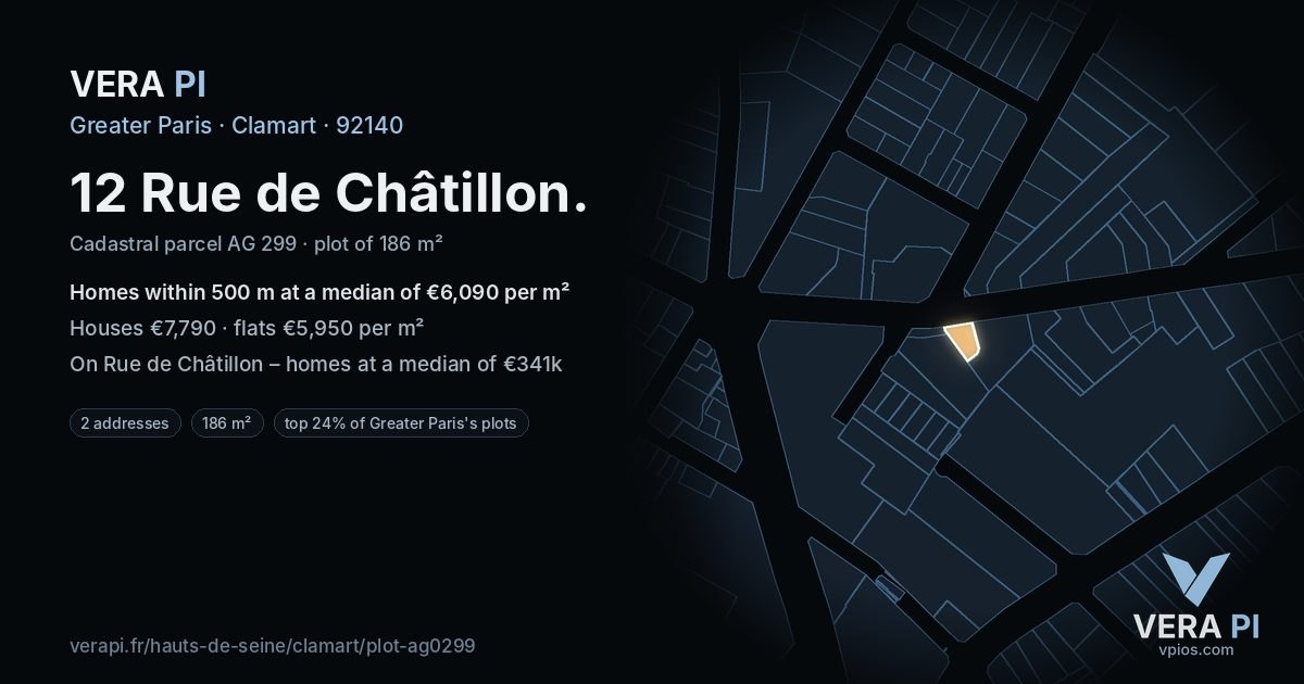 12 Rue de Châtillon, Clamart at night – the plot lit, the parcels around coloured by the prices near them