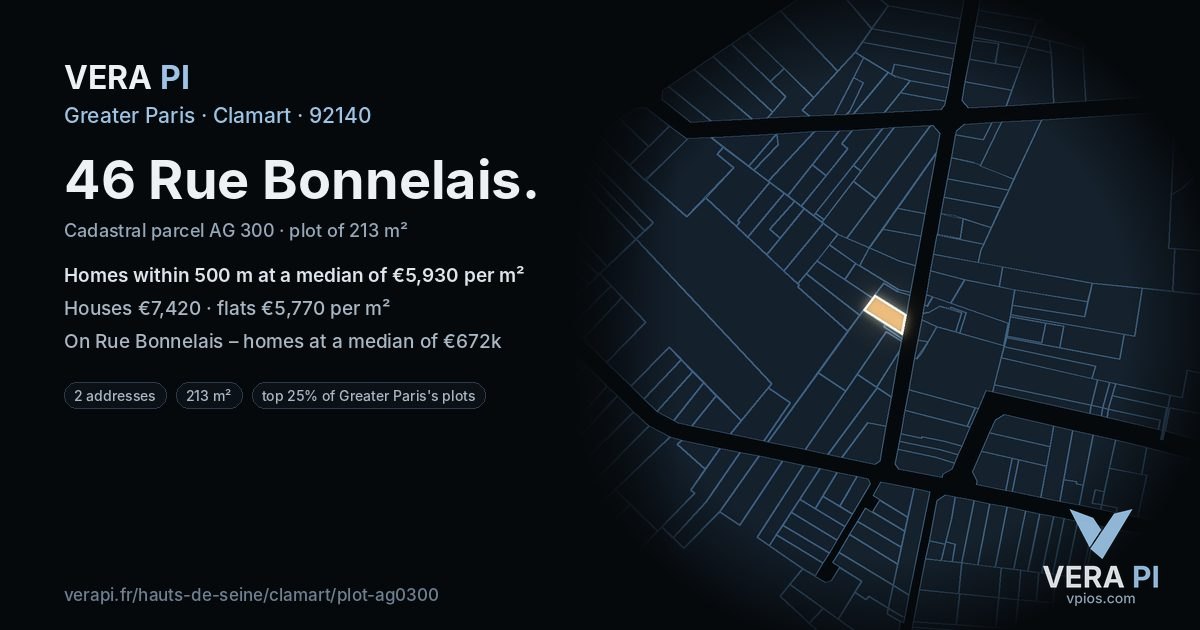 46 Rue Bonnelais, Clamart at night – the plot lit, the parcels around coloured by the prices near them