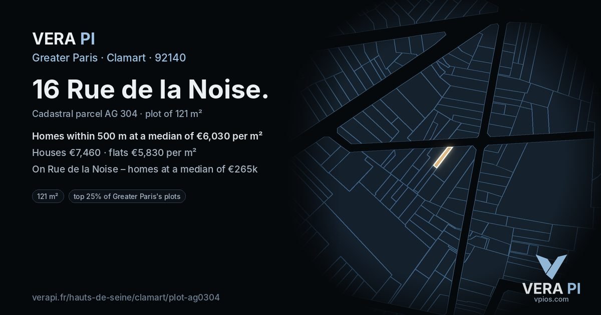 16 Rue de la Noise, Clamart at night – the plot lit, the parcels around coloured by the prices near them
