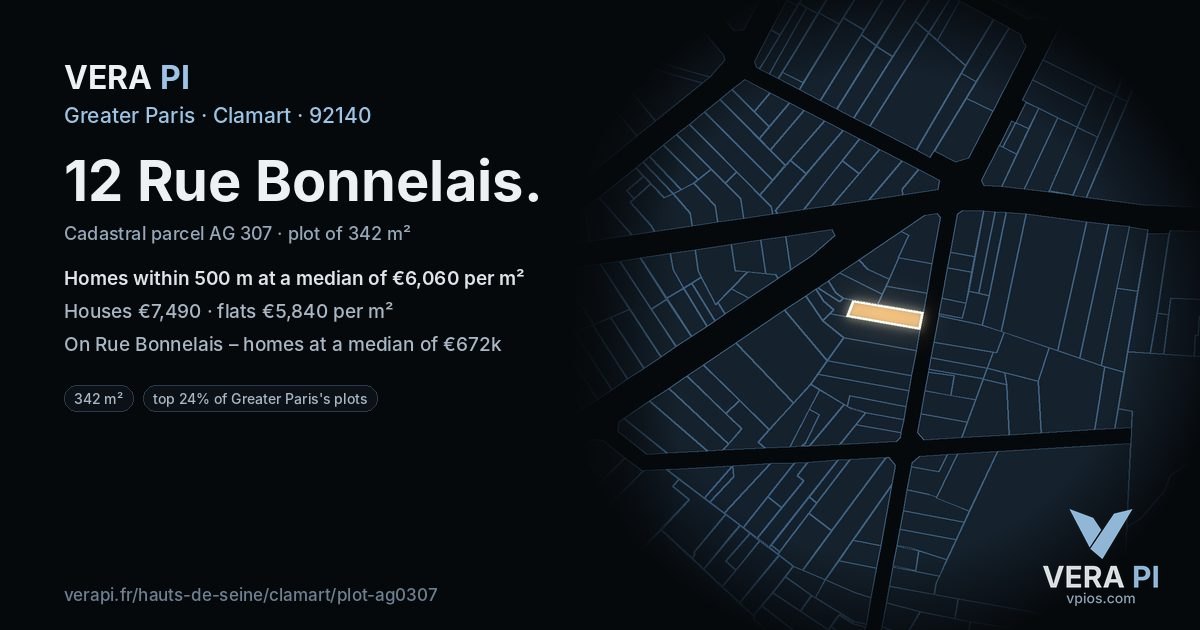 12 Rue Bonnelais, Clamart at night – the plot lit, the parcels around coloured by the prices near them