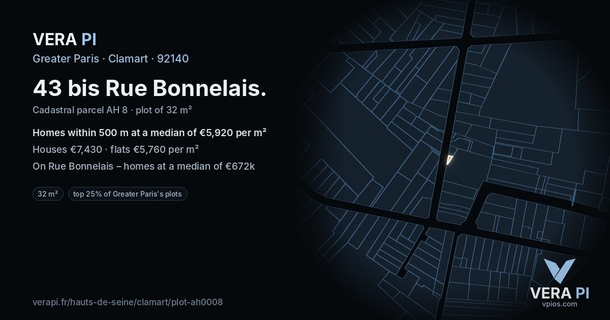 43 bis Rue Bonnelais, Clamart at night – the plot lit, the parcels around coloured by the prices near them
