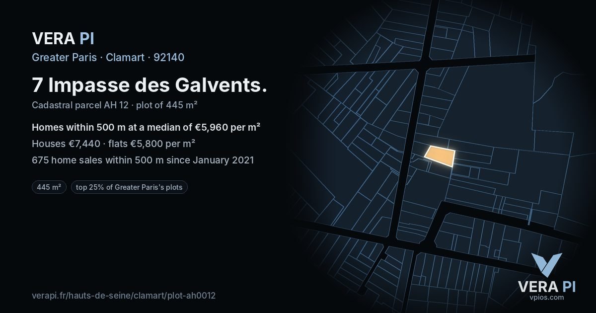 7 Impasse des Galvents, Clamart at night – the plot lit, the parcels around coloured by the prices near them