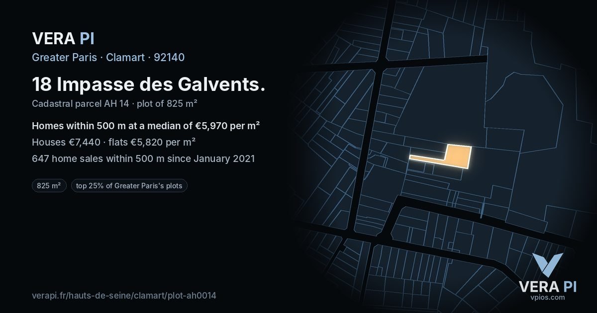 18 Impasse des Galvents, Clamart at night – the plot lit, the parcels around coloured by the prices near them