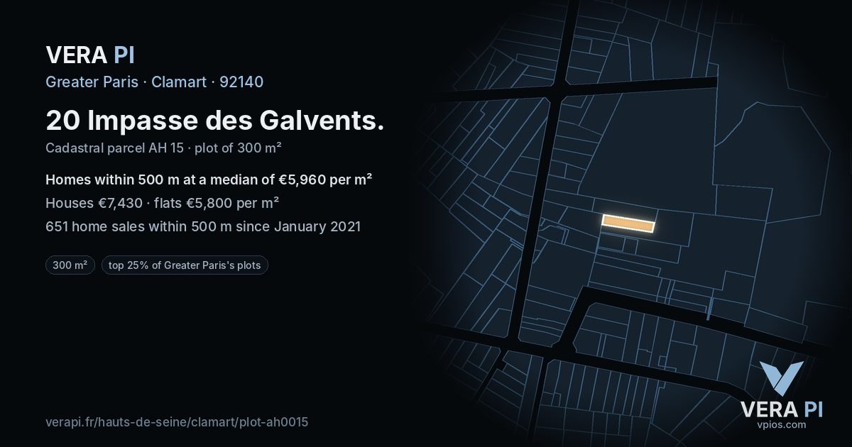 20 Impasse des Galvents, Clamart at night – the plot lit, the parcels around coloured by the prices near them