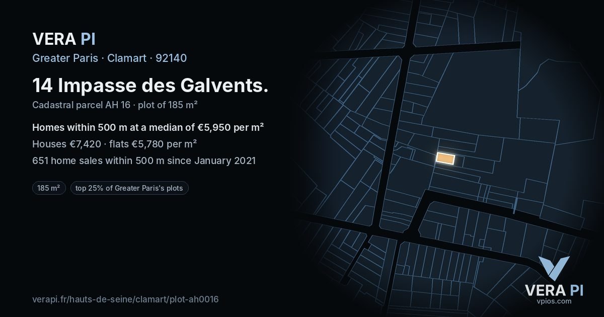 14 Impasse des Galvents, Clamart at night – the plot lit, the parcels around coloured by the prices near them