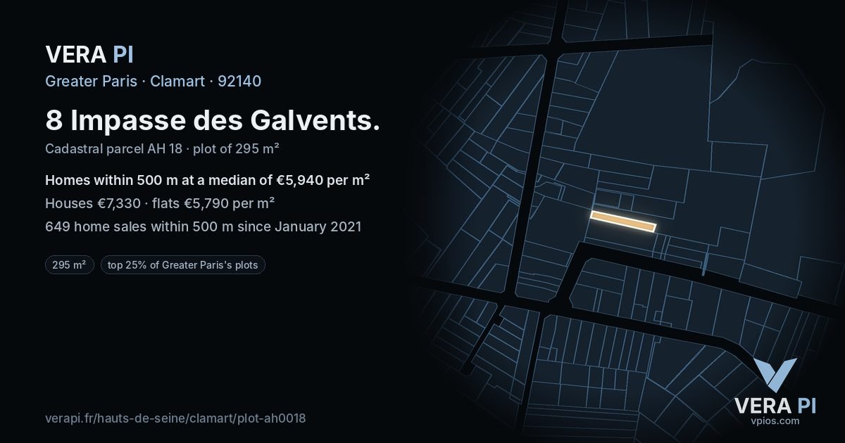 8 Impasse des Galvents, Clamart at night – the plot lit, the parcels around coloured by the prices near them
