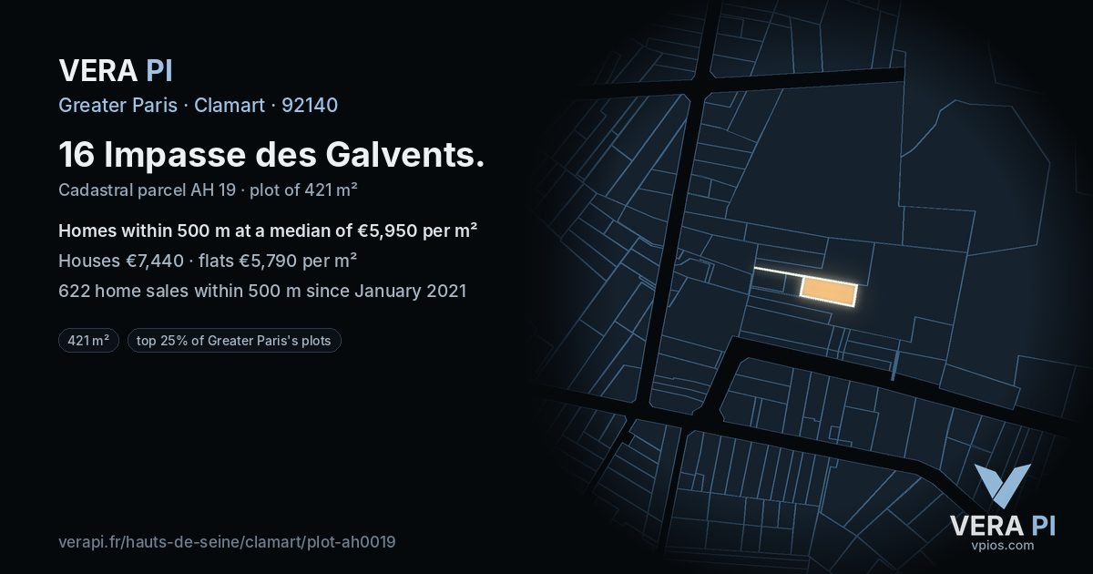 16 Impasse des Galvents, Clamart at night – the plot lit, the parcels around coloured by the prices near them