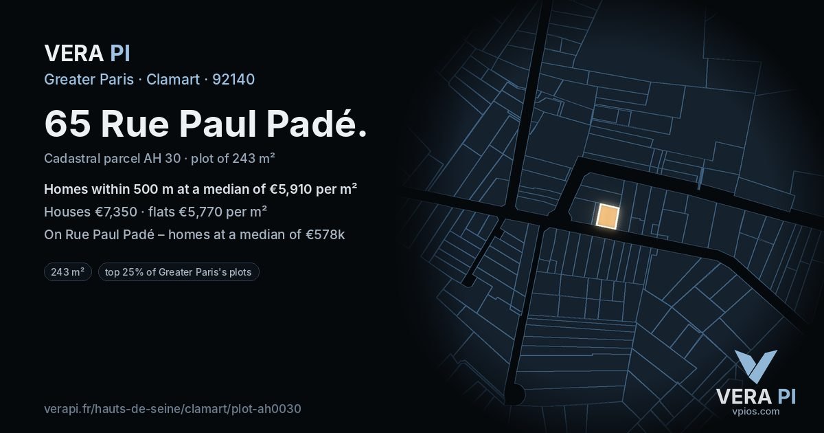 65 Rue Paul Padé, Clamart at night – the plot lit, the parcels around coloured by the prices near them