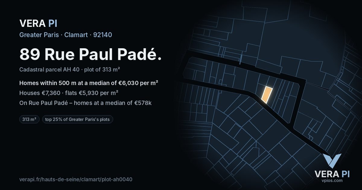 89 Rue Paul Padé, Clamart at night – the plot lit, the parcels around coloured by the prices near them