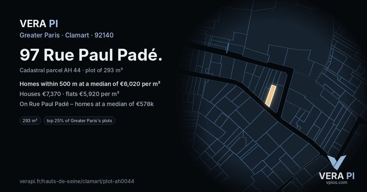 97 Rue Paul Padé, Clamart at night – the plot lit, the parcels around coloured by the prices near them