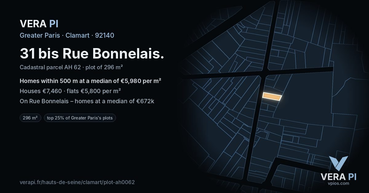 31 bis Rue Bonnelais, Clamart at night – the plot lit, the parcels around coloured by the prices near them