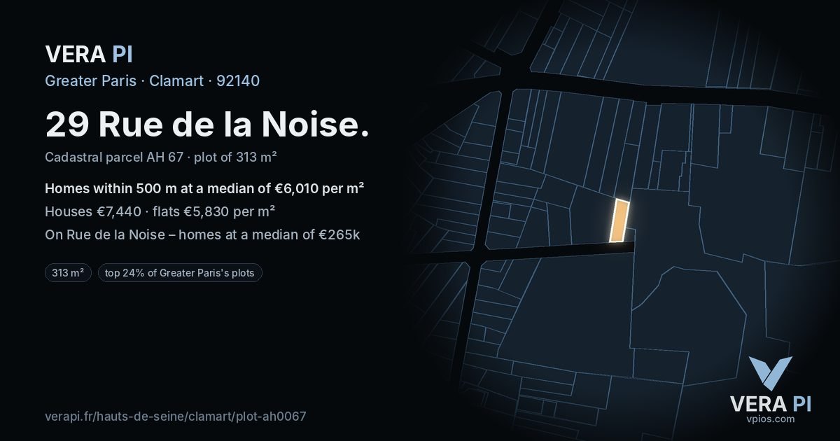 29 Rue de la Noise, Clamart at night – the plot lit, the parcels around coloured by the prices near them