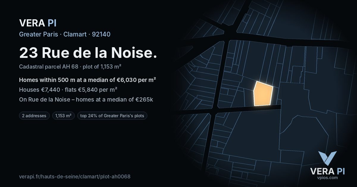 23 Rue de la Noise, Clamart at night – the plot lit, the parcels around coloured by the prices near them