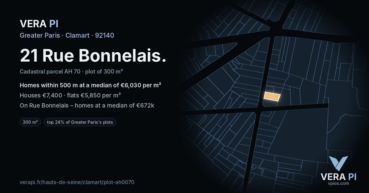 21 Rue Bonnelais, Clamart at night – the plot lit, the parcels around coloured by the prices near them