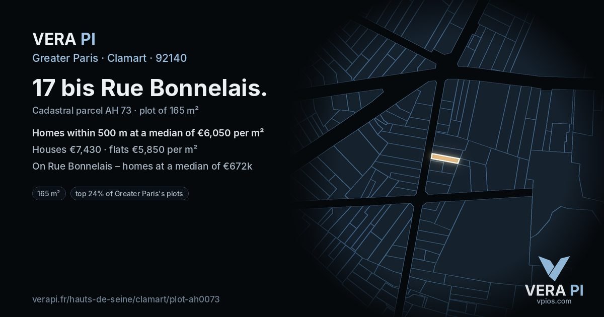 17 bis Rue Bonnelais, Clamart at night – the plot lit, the parcels around coloured by the prices near them