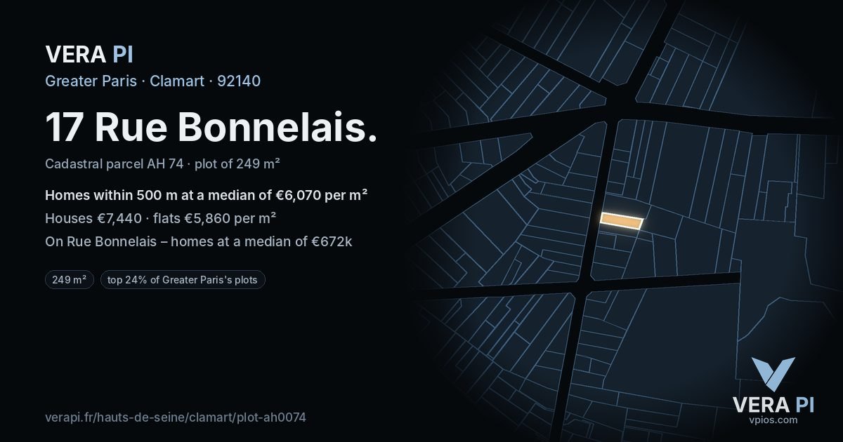 17 Rue Bonnelais, Clamart at night – the plot lit, the parcels around coloured by the prices near them