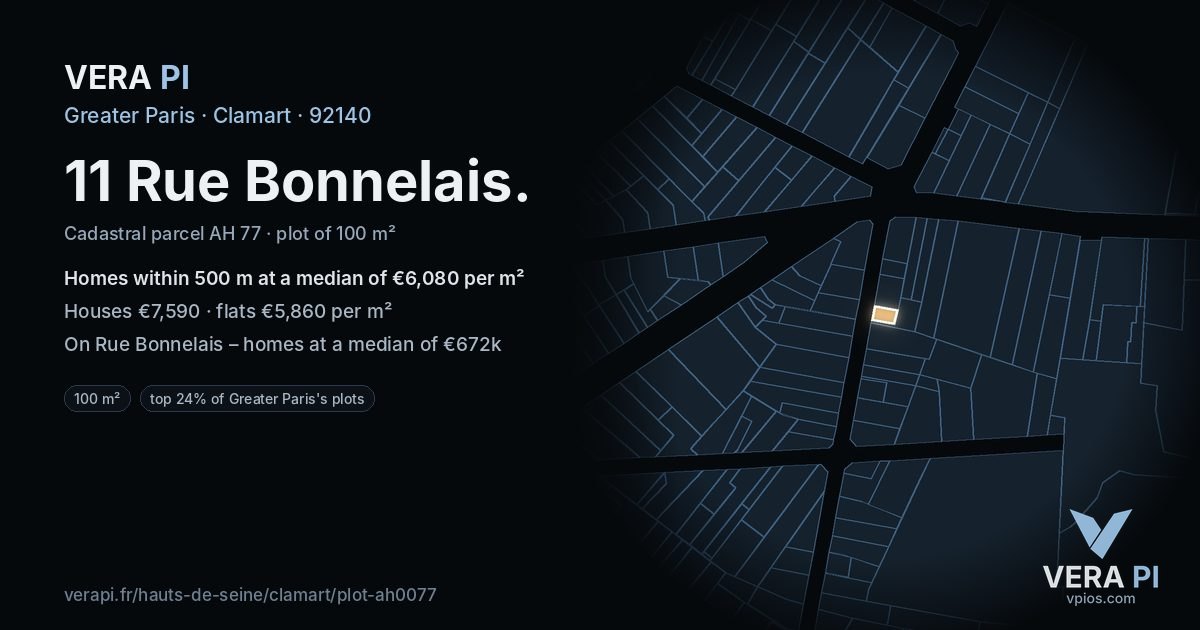 11 Rue Bonnelais, Clamart at night – the plot lit, the parcels around coloured by the prices near them