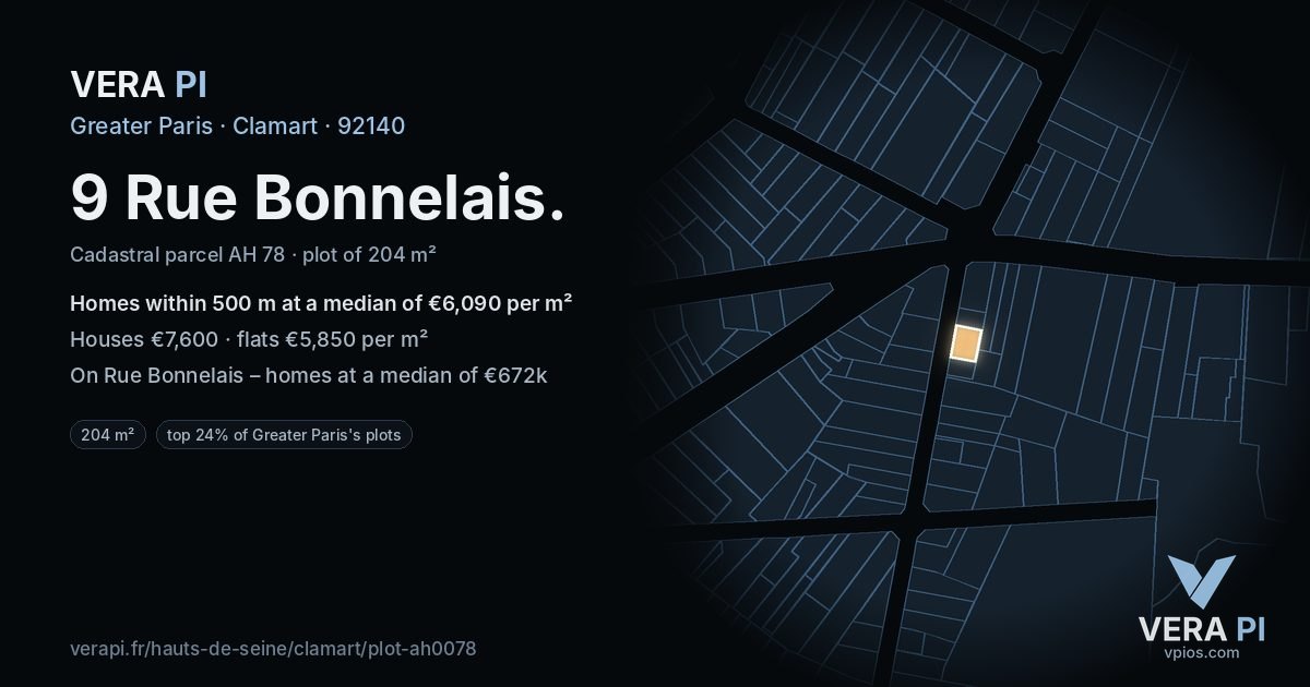 9 Rue Bonnelais, Clamart at night – the plot lit, the parcels around coloured by the prices near them
