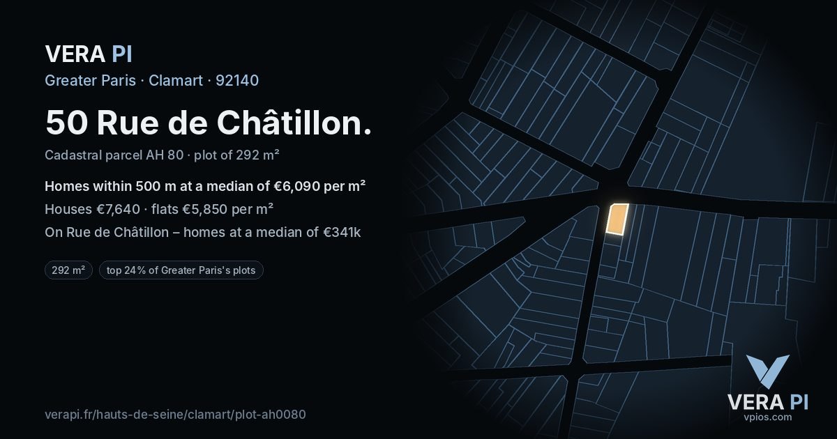 50 Rue de Châtillon, Clamart at night – the plot lit, the parcels around coloured by the prices near them