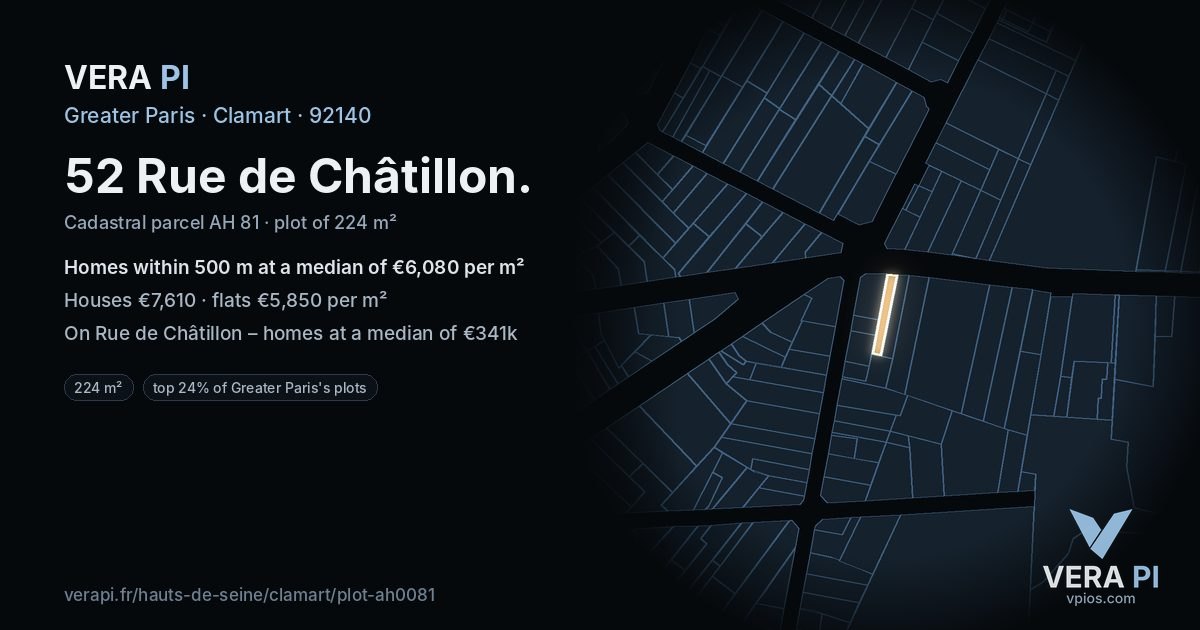 52 Rue de Châtillon, Clamart at night – the plot lit, the parcels around coloured by the prices near them