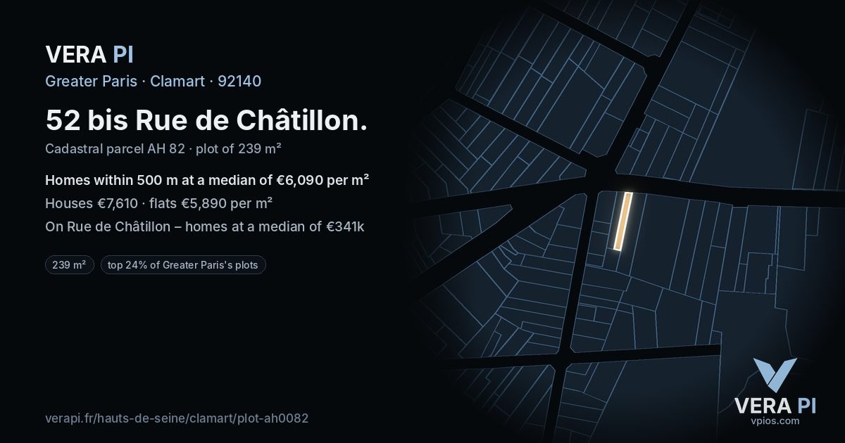 52 bis Rue de Châtillon, Clamart at night – the plot lit, the parcels around coloured by the prices near them