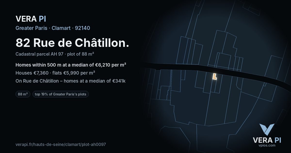 82 Rue de Châtillon, Clamart at night – the plot lit, the parcels around coloured by the prices near them