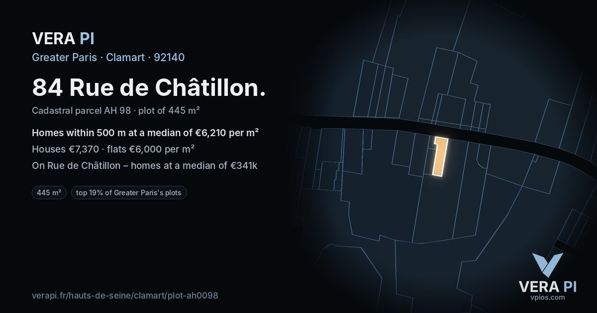 84 Rue de Châtillon, Clamart at night – the plot lit, the parcels around coloured by the prices near them