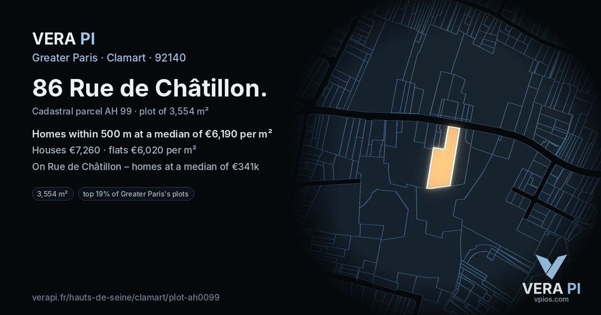 86 Rue de Châtillon, Clamart at night – the plot lit, the parcels around coloured by the prices near them