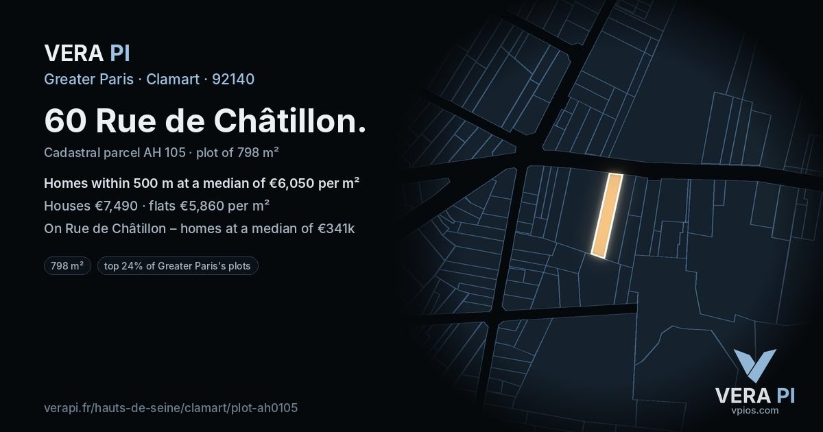 60 Rue de Châtillon, Clamart at night – the plot lit, the parcels around coloured by the prices near them