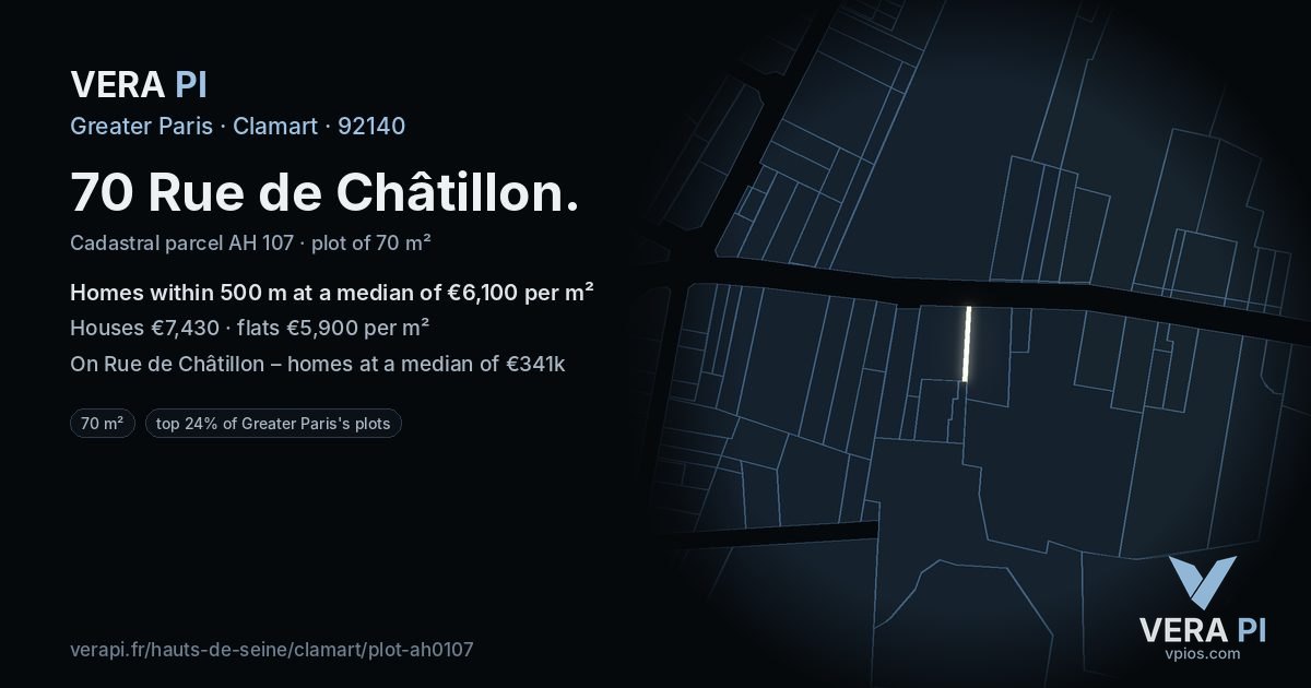 70 Rue de Châtillon, Clamart at night – the plot lit, the parcels around coloured by the prices near them