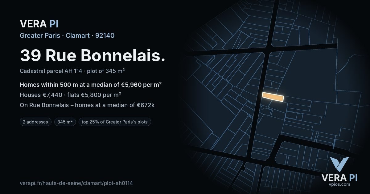 39 Rue Bonnelais, Clamart at night – the plot lit, the parcels around coloured by the prices near them