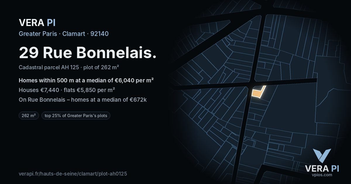 29 Rue Bonnelais, Clamart at night – the plot lit, the parcels around coloured by the prices near them