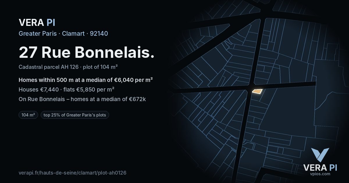 27 Rue Bonnelais, Clamart at night – the plot lit, the parcels around coloured by the prices near them