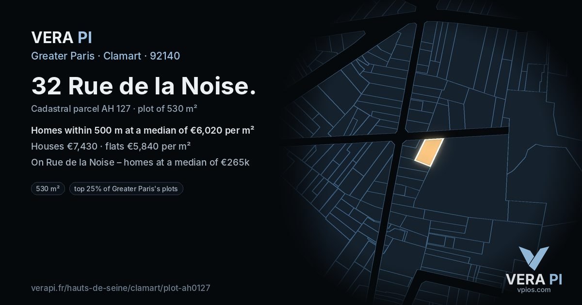 32 Rue de la Noise, Clamart at night – the plot lit, the parcels around coloured by the prices near them