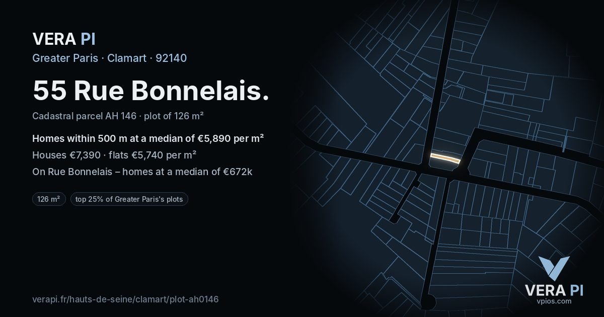 55 Rue Bonnelais, Clamart at night – the plot lit, the parcels around coloured by the prices near them