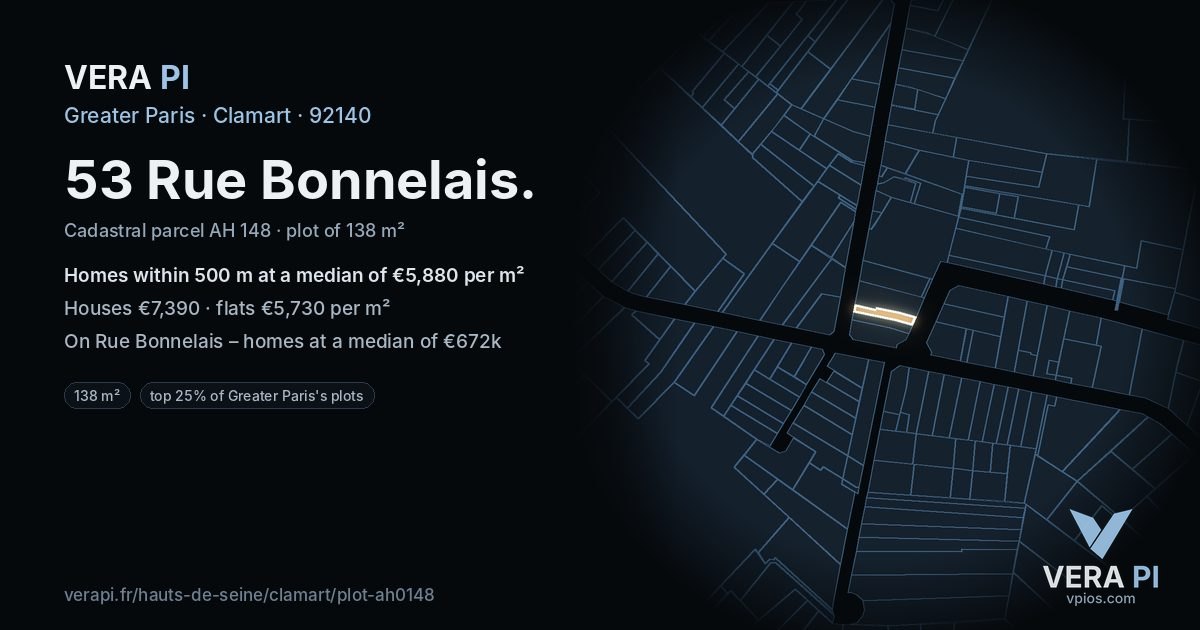 53 Rue Bonnelais, Clamart at night – the plot lit, the parcels around coloured by the prices near them