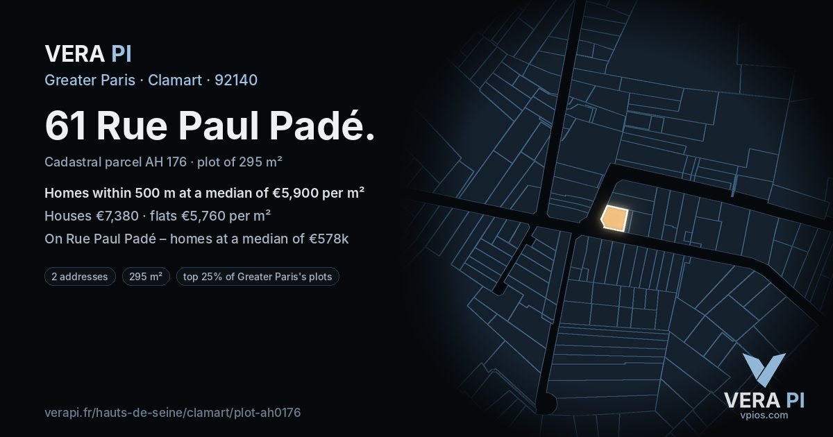 61 Rue Paul Padé, Clamart at night – the plot lit, the parcels around coloured by the prices near them