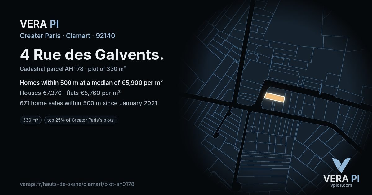 4 Rue des Galvents, Clamart at night – the plot lit, the parcels around coloured by the prices near them